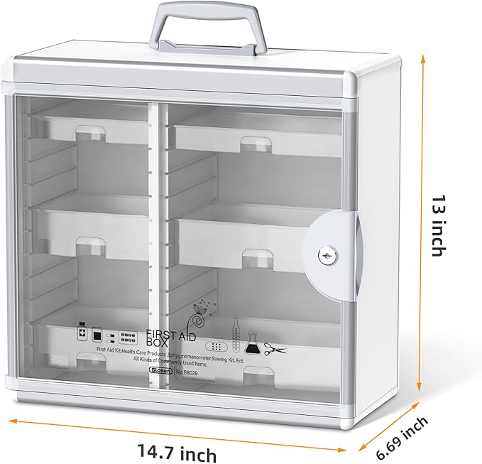 Glosen Medicine Cabinet with Key Wall Mounted Medication Lock Box 【 Silver 15x 6.7 x 13 Inch】 Portable Storage Container Big Capacity