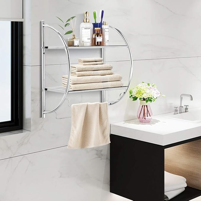Tangkula Wall Mount 2 Tier Bathroom Shelf with Bars, 18" W X 10" D X 22" H, Home Toilet Double Layer Rustproof Chrome Shelf