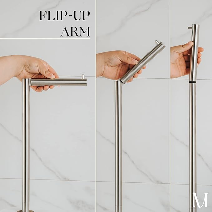 MARMOLUX ACC Free Standing Brushed Nickel Toilet Paper Holder Stand - 4 Jumbo Roll Bathroom Hardware - Standing Toilet Paper Holder - Stainless Steel Toilet Paper Stand - Brushed Steel/Black Marble