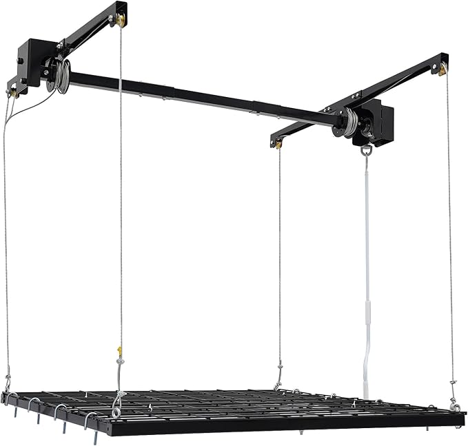 Ceiling Mount Garage Storage Rack 48x48 Inch, 300lbs Capacity Overhead Lifting Storage Rack with Adjustable Height up to 79 Inch, Heavy Duty Carbon Steel for Garage Warehouse Tool Storage, Matte Black