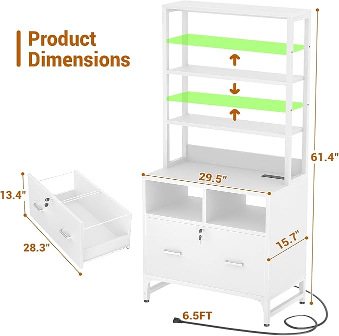 Homieasy Vertical File Cabinet with Charging Station, Lock & Large Drawer, Printer Stand with Storage Shelves, Office Storage Cabinet fits Letter/A4/Legal Size, White