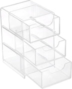 Hipiwe Acrylic Drawer Organizer Qtip Holder for Cotton Pad Cotton Swabs Makeup Storage Drawer with 3 Drawers Clear Desk Drawers Box Bathroom Counter Organizer for Home Office