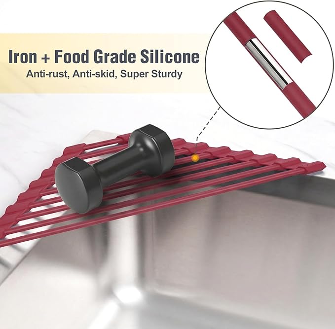 Tomorotec Small Triangle Roll-Up Dish Drying Rack with Silicone Coating Stainless Steel Frame for Sink Corners, Multipurpose Over-The-Sink Kitchen Drainer & Organizer for Space-Saving Storage-Wine red