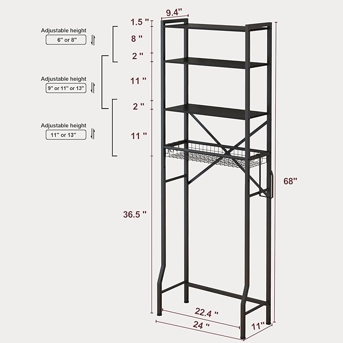 Over The Toilet Storage Shelf, 4-Tier Bathroom Organizers and Storage Rack with Adjustable Height, Freestanding Above Toilet Shelves for Bathroom & Laundry, Space Saver, Black