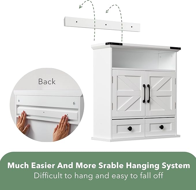 Bathroom Wall Cabinet, 23" x 25" Farmhouse Over The Toilet Storage with Motion LED Light & Safety Drawers, Wooden Medicine Cabinet, Water-Resistant White Organizer (9" Depth)