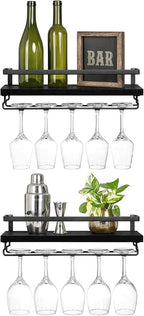 Mkono Wall Mounted Wine Rack Set of 2 Wood Shelf Rustic Wine Bottle Glass Floating Shelves with Stemware Hanger Modern Plants Photos Wine Display Storage Holder for Kitchen Dining Room Bar, Black