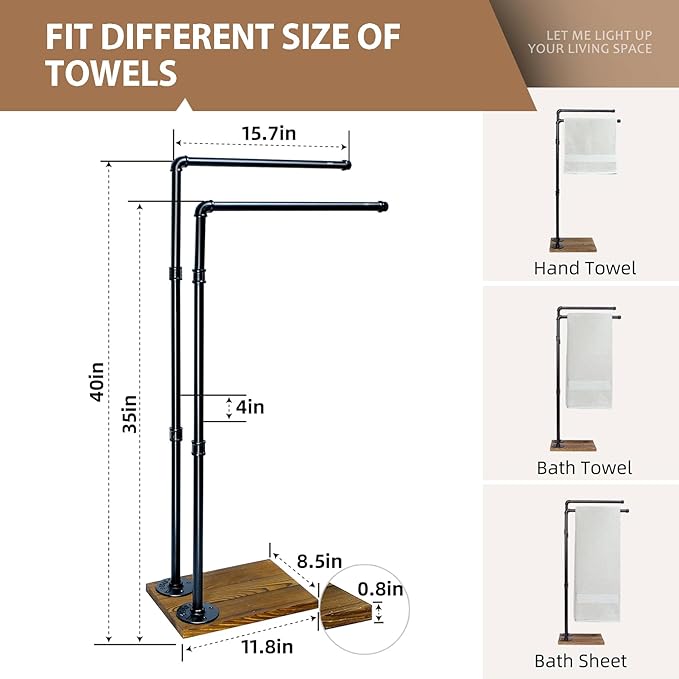 Hjarta 40 Inch Free Standing Towel Racks for Bathroom, Black Towel Holders with Wooden Base, 2-Tier Freestanding Towel Holder Stand for Bath Towel Sheet