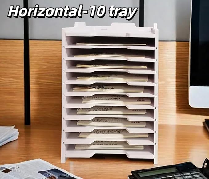 A4 Wooden Desk Letter Tray, Paper Organizer Storage with Adjustable Shelves, Stackable File Sorter for Notes, Pens, File Paper and Desk(A4&Landscape-10tray(with 9 Adjustable Shelves))