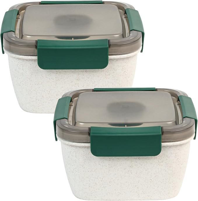 Freshmage Salad Lunch Container To Go, 2 Packs 52-oz Salad Bowls with 3 Compartments, Salad Dressings Container for Salad Toppings, Snacks, Men, Women (Wheat straw white)