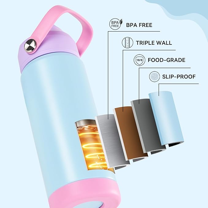 18oz Insulated Stainless Steel Water Bottle, Wide Mouth Double Wall Vacuum, Silicone Straw, Sweat & Leak Proof, BPA Free Insulated Water Flask for Travel, Keep Cold 24h Hot 12h, Light Purple