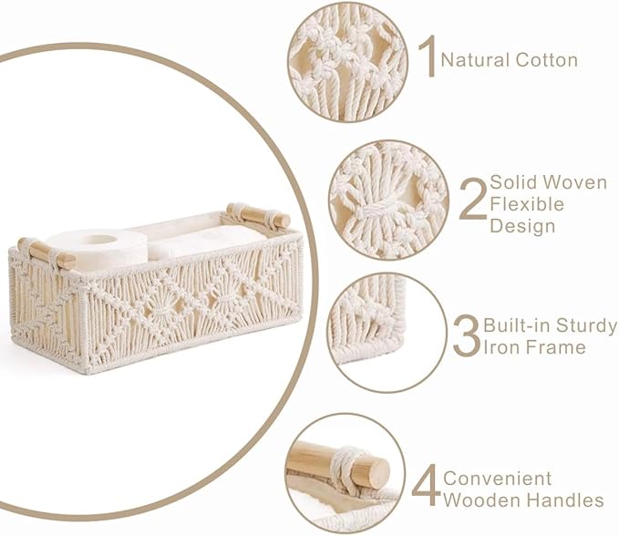 2 Pack Macrame Storage Baskets Boho Decor Basket Handmade Woven,Toilet Paper Storage Basket,Small Baskets For Organizing,Bathroom Organizers And Storage,Bathroom Counter Organizer, Ivory