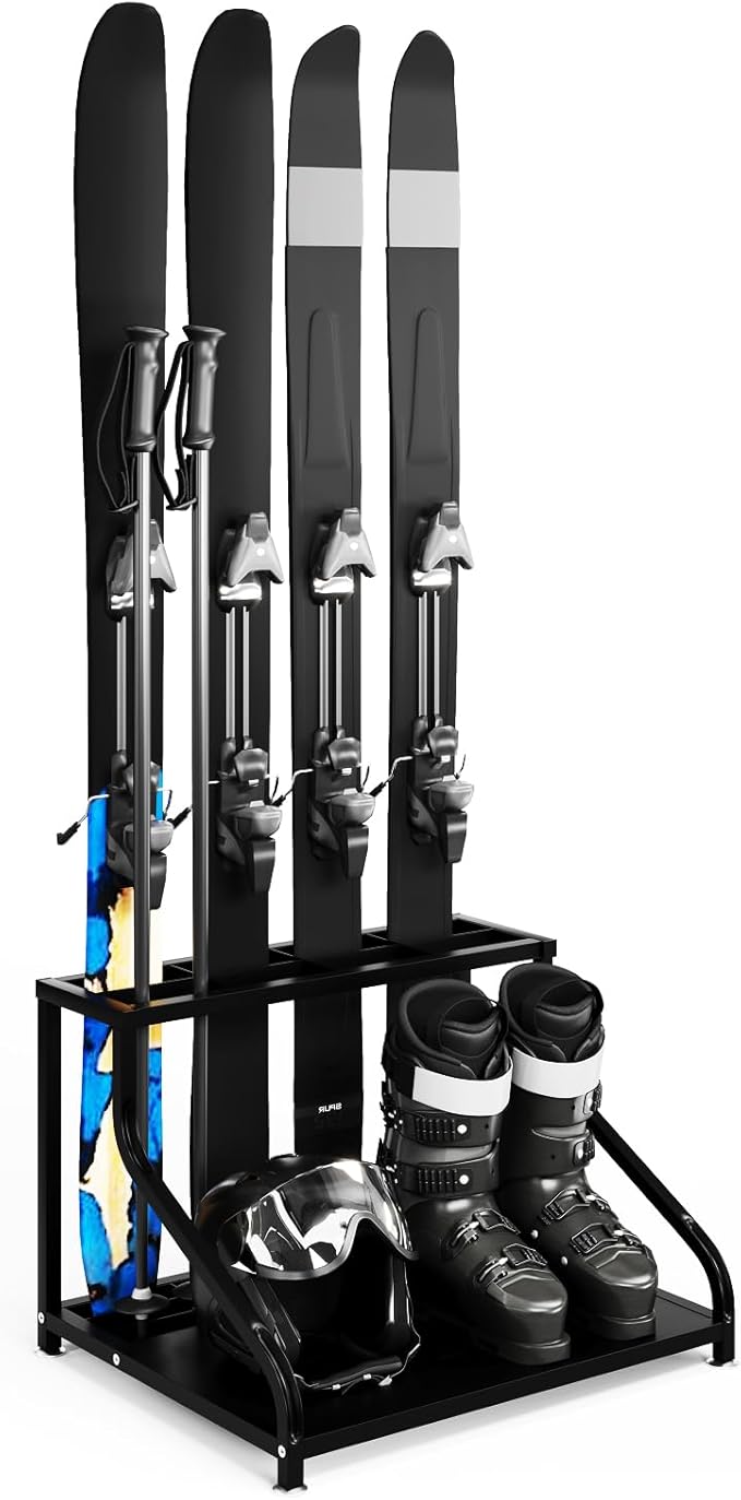 TrailBlaze Freestanding Steel Ski & Snowboard Storage Rack for 4 Skis – Heavy Duty Organizer for Boots, Poles, Helmets, Goggles – Ideal Garage, Basement, Entryway Winter Sports Gear Holder