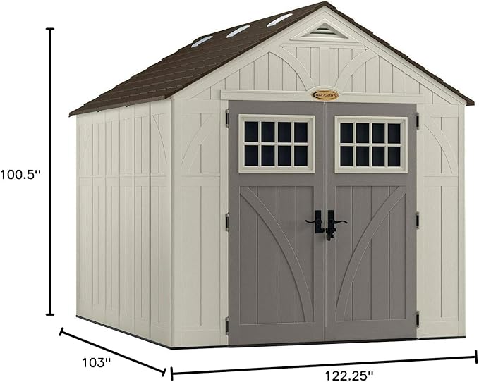 Suncast 8x10 Ft. Outdoor Storage Shed - Large Resin Outdoor Shed with Floor Included, Lockable Double Doors & Skylights. 547 Cu Ft Tremont Garden Resin Sheds for Lawn Tools, Riding Mowers, & Bikes