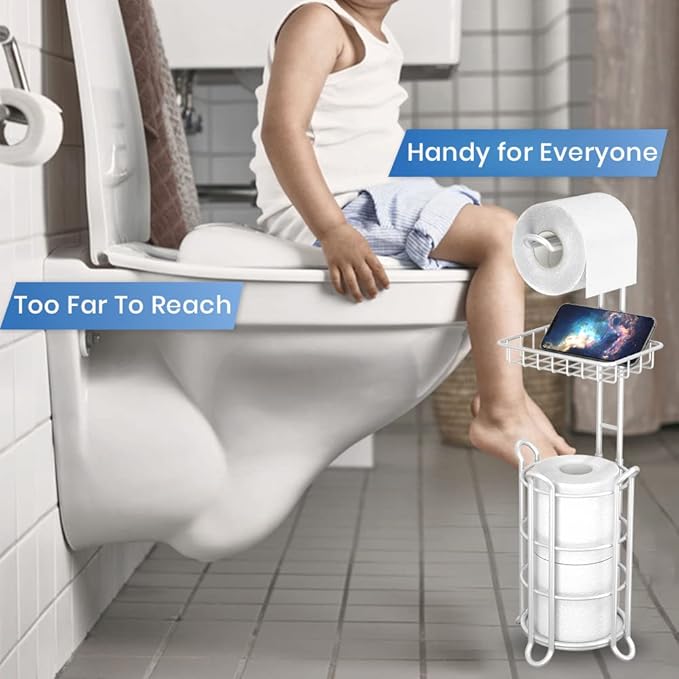 Toilet Paper Roll Holder Stand Bathroom Tissue Holders Free Standing with Middle Shelf Storage Reserve Mega Rolls/Phone/Wipe-Gray