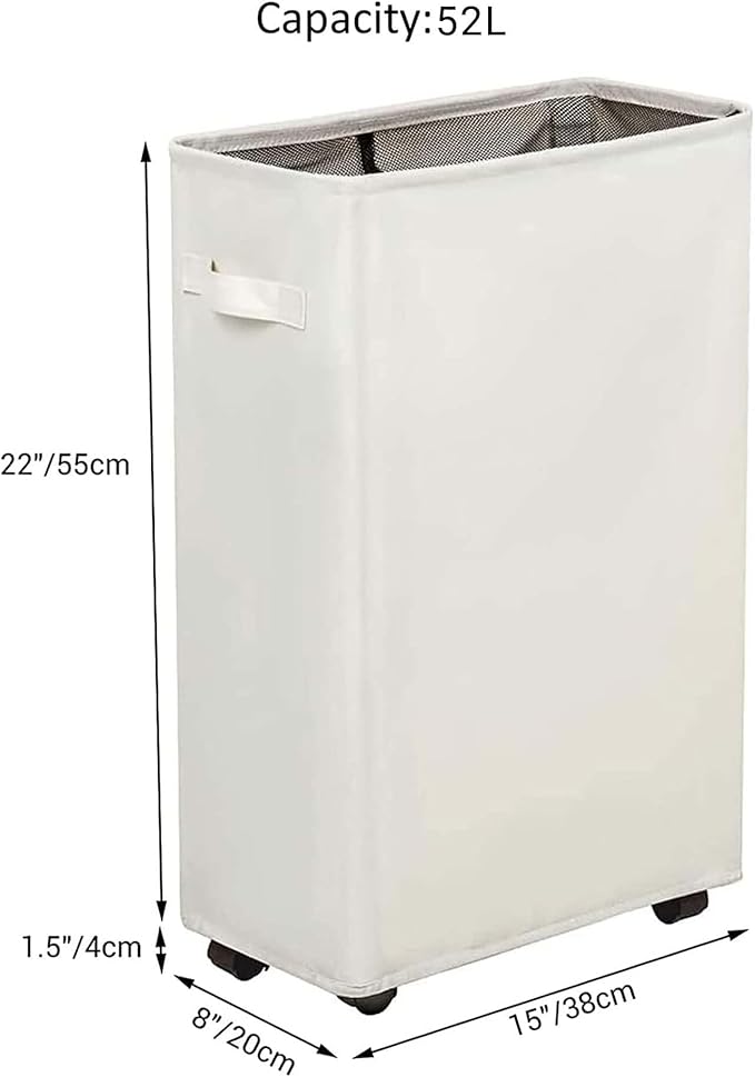 ZERO JET LAG Slim Rolling Laundry Hamper - Standable Corner Design - Handy Storage Bin Laundry Basket - 52L Storage Bin - Slim Hamper with Wheels - 15×8×22" (22" Beige)