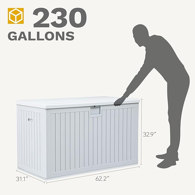 DWVO 230 Gallon Resin Outdoor Storage Box, XXL Double-Wall Waterproof Deck Box with Divider, Doubles as Table or Seating with 1000 lbs Capacity, Lockable (Grayish-White)
