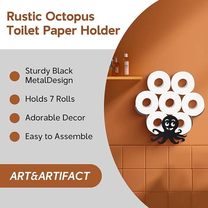Octopus Toilet Paper Holder for Extra 8 Rolls, Decorative Metal Paper Holder, Funny Decorative Toilet Paper Storage Wall Mounted, Farmhouse Bathroom Animal Decor Accessoris Storage Cabinet