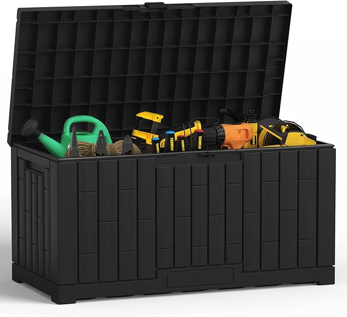 DUMOS 60 Gallon Deck Box, UV Resistant Waterproof Storage Bin for Patio Cushions Gardening Tools, Lockable Resin Outdoor Storage Box with Hundles, Black