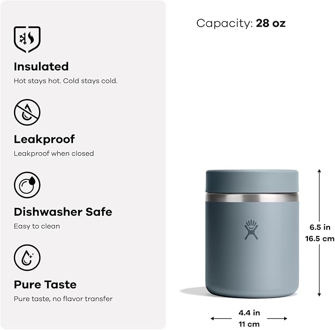 Hydro Flask Food Jar – Insulated Stainless Steel, Snack Travel Container for Hot Food & Soup 28 Oz Capri Blue