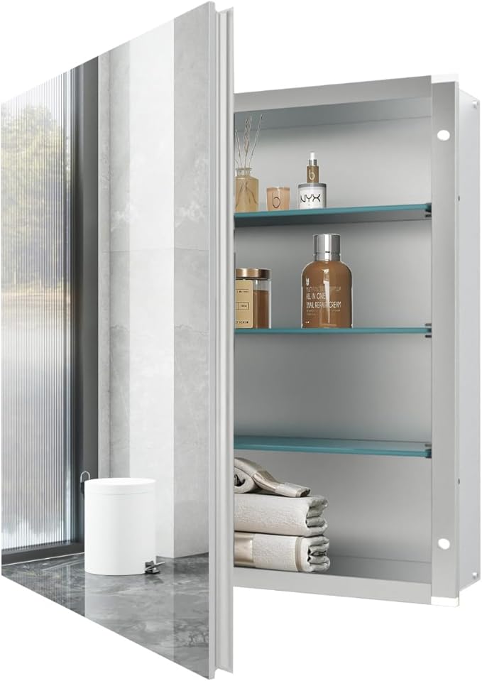 Aluminum Medicine Cabinet with Mirror, 20x20 Inch Mirror Cabinet, Assembly Needed, Recessed/Wall Mount, 3 Adjustable Tempered Glass Shelves, Bathrroom Medicine Cabinet, Reversable Door