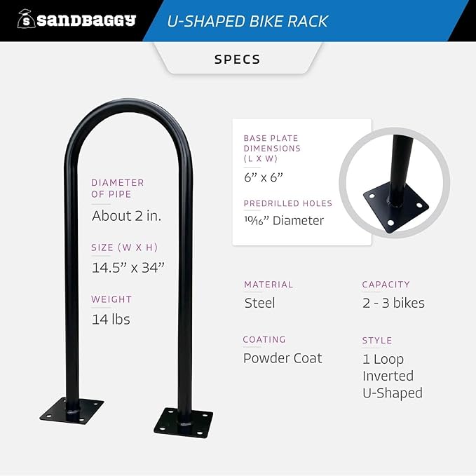 Sandbaggy In Ground Bike Rack | U Shaped, Commercial, Outdoor, 1 Loop, Steel | Black, 14.5" x 34" (50)