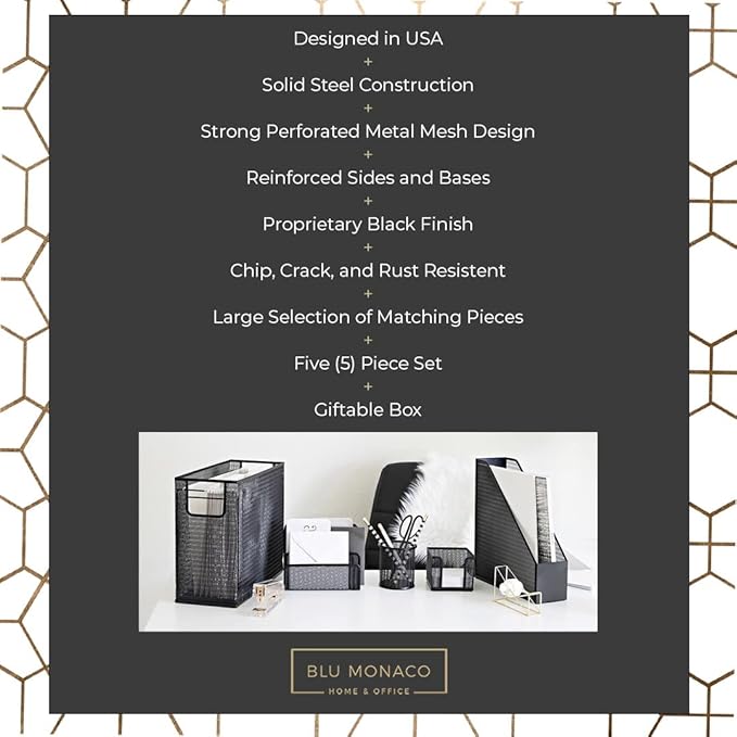 BLU MONACO Black Desk Organizer Set | 5-Piece Metal Office Supplies Collection with Hanging File Organizer, Magazine Holder, Pen Cup, Sticky Note Holder & Letter Sorter | Workspace Organization