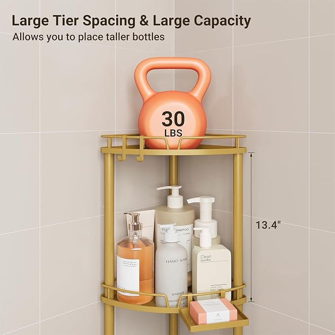 ELYKEN Corner Shower Caddy Standing, 3 Tier Rustproof Metal Shower Organizer with Soap Holder, Floor Shower Corner Shelf Rack Storage Stands with Adjustable Feet & 2 Hooks for Bathroom, Gold