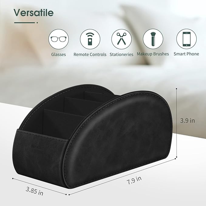 Large Remote Control Holder with 5 Compartments, KENOBEE Anti-slip Desktop Caddy Storage Organizer for Phone, Remote Controllers, Office Supplies, Makeup Brush, Media Accessories, Black