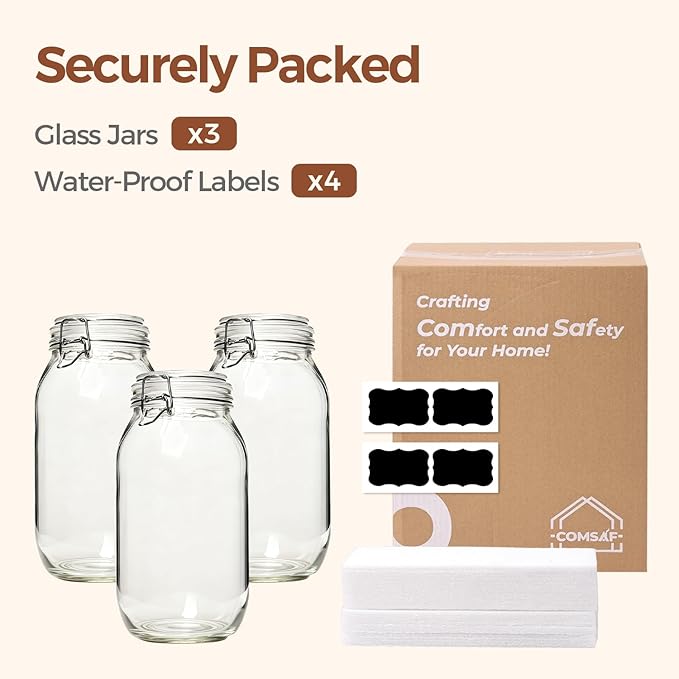ComSaf Large Glass Jars with Airtight Lid Half Gallon, 64 OZ Mason Jars Set of 3, Glass Canisters with Airtight Lids, 0.5 Gallon Canning Jar with Seal Wire Clip Fastening for Kitchen, Pickle