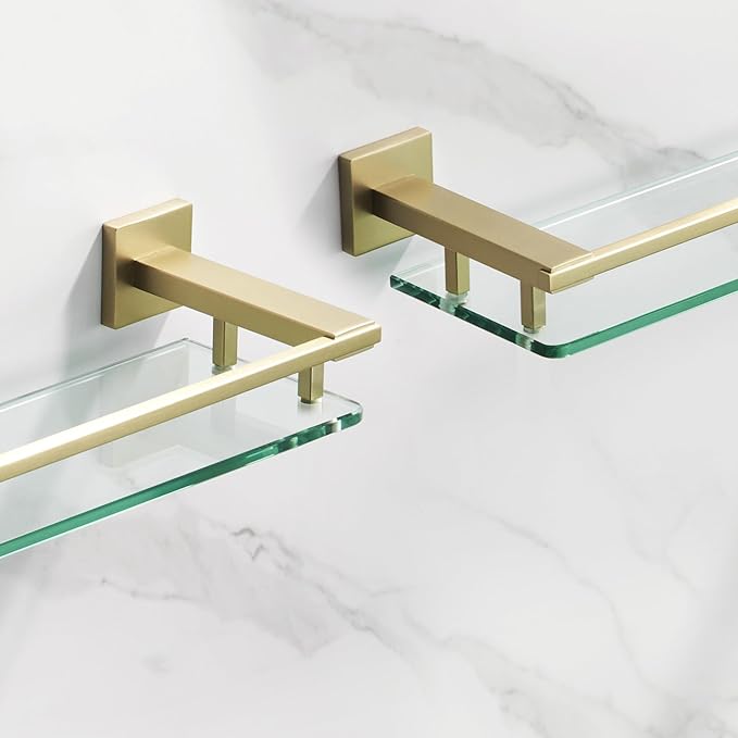 LANC Gold Bathroom Shelf Glass Shelves 20-Inch Floating Tempered Glass Shelf Rectangular Modern Stainless Steel Wall Mounted Cologne Shelves for Men Shower Bathroom Kitchen Organizers，A7613BG