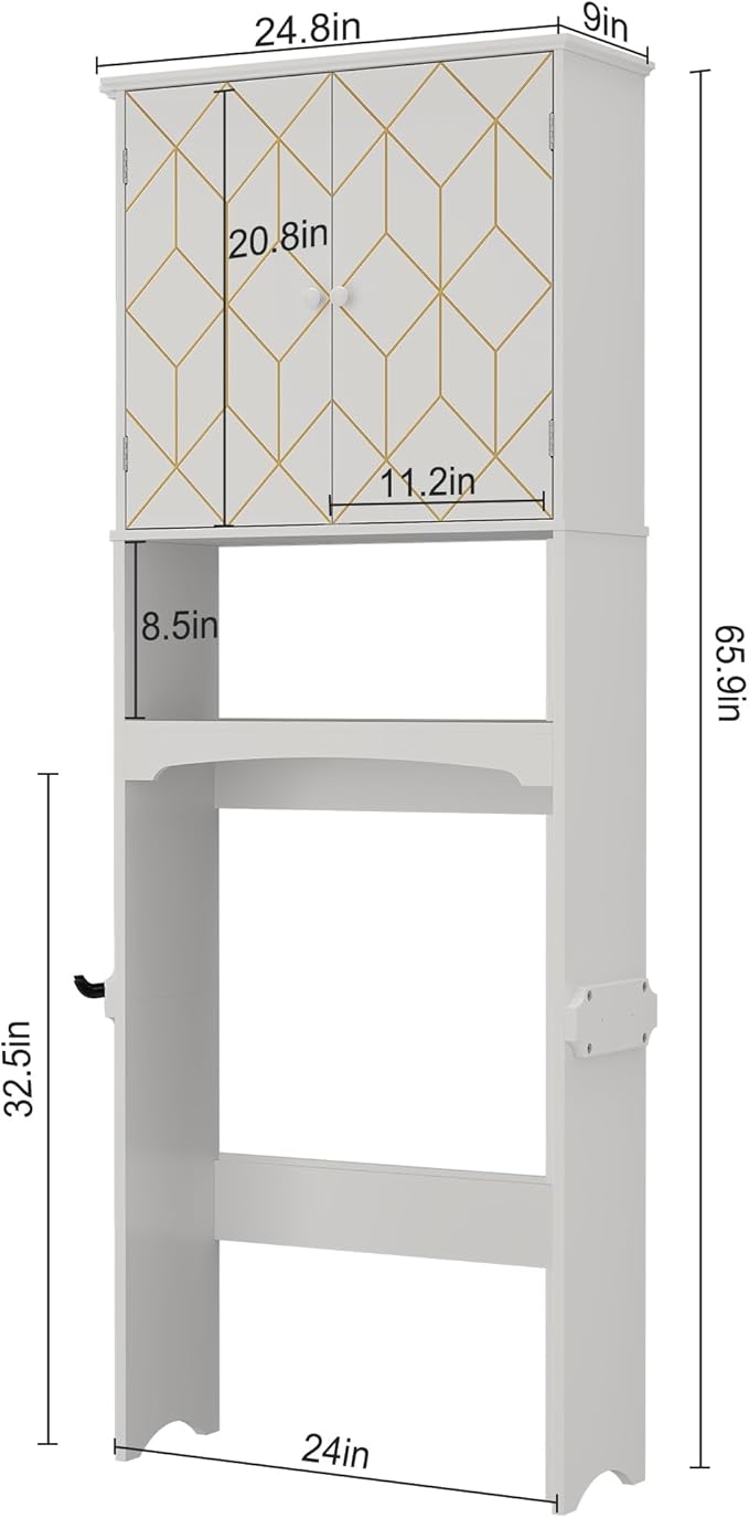 Over The Toilet Storage Cabinet with Gold Trim, Modern Bathroom Organizer Over Toilet with Adjustable Shelves and Toilet Paper Holder for Bathroom (White)