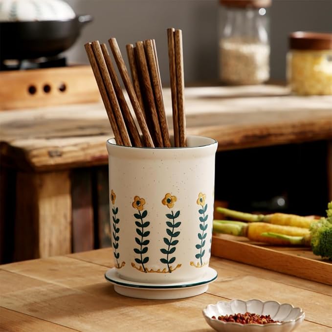 WAIT FLY Vintage Flower Porcelain Kitchen Utensil Holder with Bottom Flatware Storage Organizer Utensil Crock for Countertop Kitchen Counter Decor