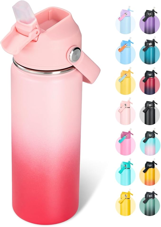 18oz Insulated Stainless Steel Water Bottle, Wide Mouth Double Wall Vacuum, Silicone Straw, Sweat & Leak Proof, BPA Free Insulated Water Flask for Travel, Keep Cold 24h Hot 12h, Pink Gradient