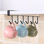 1 Pack Hanging Hooks Rack Under Cupboard Cabinet Cup Holder 6 Hooks Drilling Free Coffee Mug Holder Kitchen Utensil Storage Organizer Hook Rack (Black)