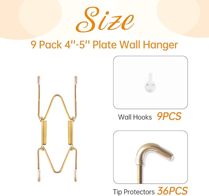 Bilillo 9 Pack Plate Hangers for The Wall, Suitable for 4-5 inch Art Plate, Stainless Steel Invisible Heavy Duty Wire Plate Holder with Wall Hooks, Plate Hangers for Displaying Plates, Platter, Dish