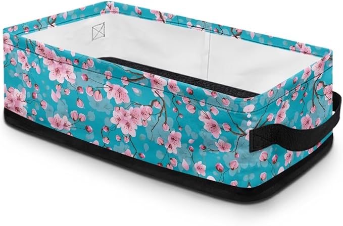 Narrow Storage Baskets Organizer for Toilet Paper Rolls Towels, Fabric Organizer Basket with Handles Collapsible Storage Bin for Bathroom Living Room Office, Pink Peach Blossom Blue