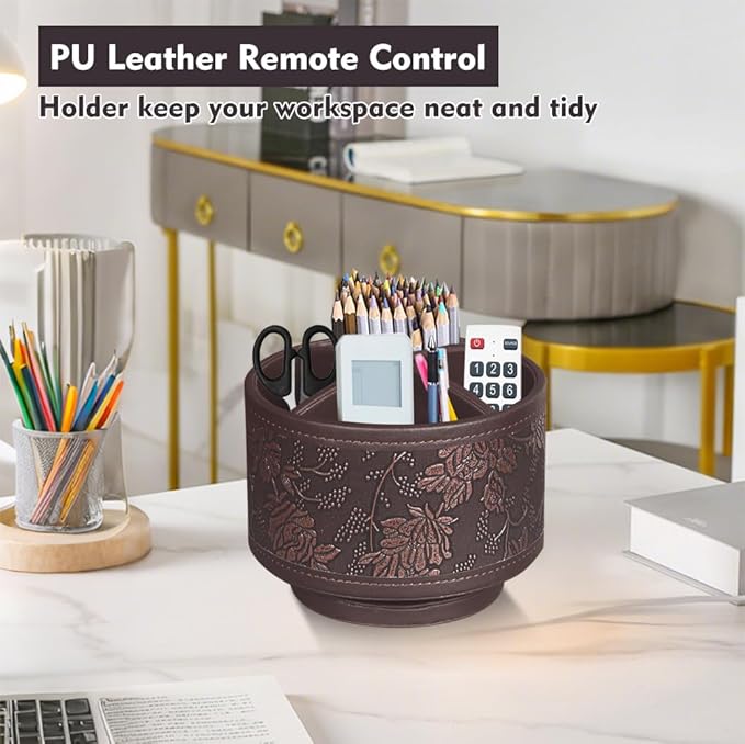 360°Rotatable TV Remote Control Holder with 4 Compartments, Bedside Table Remote Caddy, Desktop Storage Box, Office Desk Accessories, Art Supply Organizer for Controllers, Makeup Brush, Home Décor