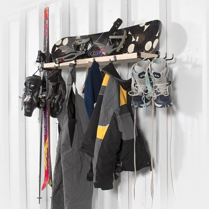 Snowboard and Ski Storage Rack for Garage - Unfinished Indoor Ski Storage Shelf with 10 Hooks - Made in The USA - Ski Rack Dimensions 8.25" D x 60.5" W x 6" H
