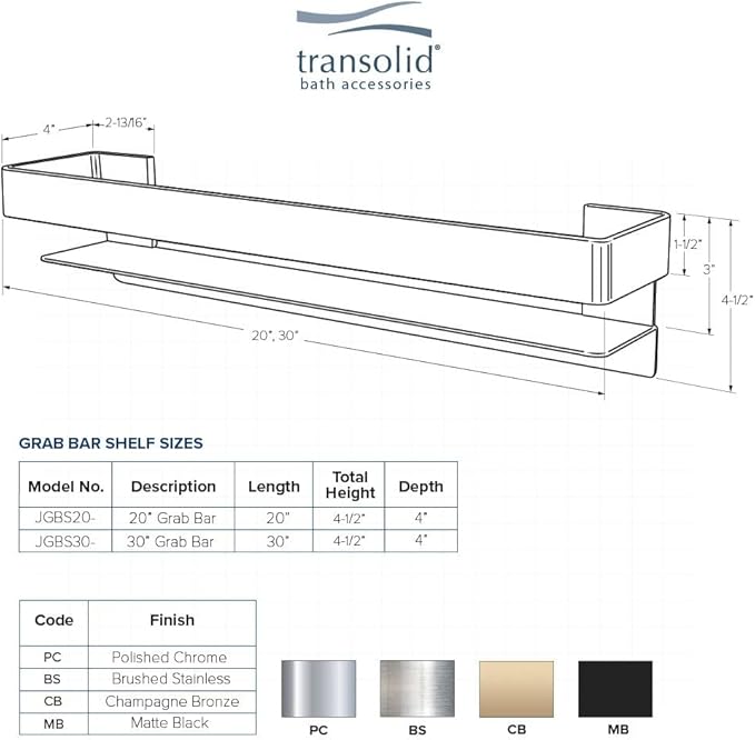 Transolid JGBS30-PC Jocelyn 30-in Grab Bar Shelf, Polished Chrome