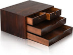 DEAYOU Bamboo Desk Organizer, 100% Natural Bamboo Desktop Drawer Organizer, Dark Brown Tabletop Storage Cabinet Organization Box with 4 Drawer for Makeup, Letter, Home, 3 Layer, Fully Assemble
