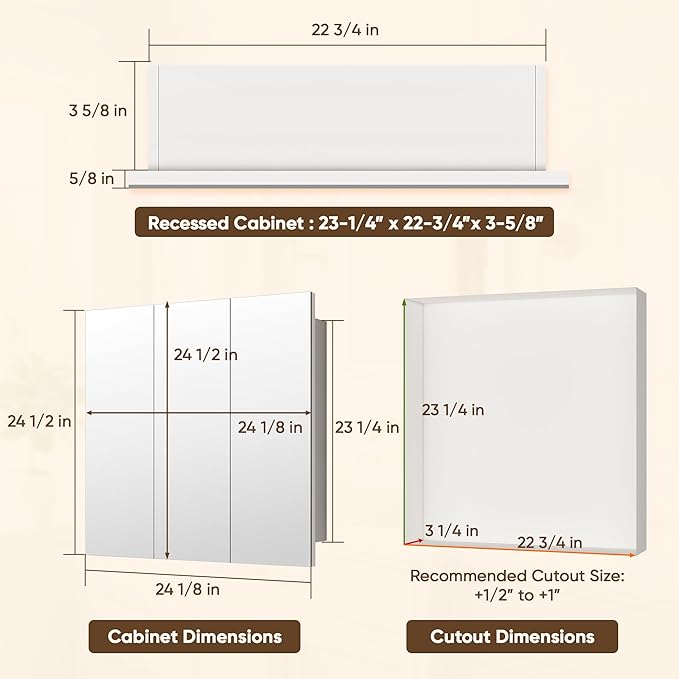 Antok 24x24 Inch Medicine Cabinet with Mirror, Wall Mounted Bathroom Mirror Cabinet, Wooden Medicine Cabinet Mirror, Recessed or Surface, White