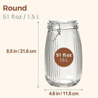 ComSaf 3pcs 50oz Ribbed Glass Jars with Airtight Clamp Lids, Large Vintage Canisters for Flour, Sugar Storage & Fermenting, Wide Mouth for Pantry Organization & Countertop Decor