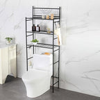 3-Tier Bathroom Over The Toilet Storage Rack Free Standing Metal Frame Shelf Organizer, with 4-Hooks, Black