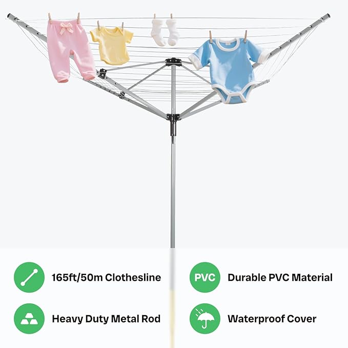 Outdoor Umbrella Drying Rack, 4-Aluminum Arms Folding Rotary Dryer with 12 Lines 165 ft Drying Space Adjustable Height Clothesline w/Waterproof Cover & Ground Spike for Garden Backyard(Grey)