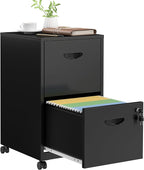 2 Drawer File Cabinet with Lock，Black Rolling File Cabinet for Home Office, Metal Small Mobile Filing Cabinets on Wheels for Hanging Letter