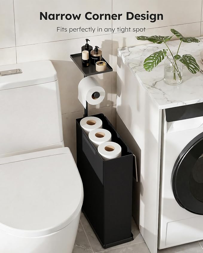 Toilet Paper Holder Free Standing with Storage for Up to 12 Rolls,Rustproof Metal Black Toilet Paper Stand with Shelf,All-in-One Toilet Tissue Roll Dispenser and Organizer with a Lidded Basket