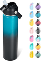 24oz Insulated Stainless Steel Water Bottle, Wide Mouth Double Wall Vacuum, Silicone Straw, Sweat & Leak Proof, BPA Free Insulated Water Flask for Travel, Keep Cold 24h Hot 12h, Blue