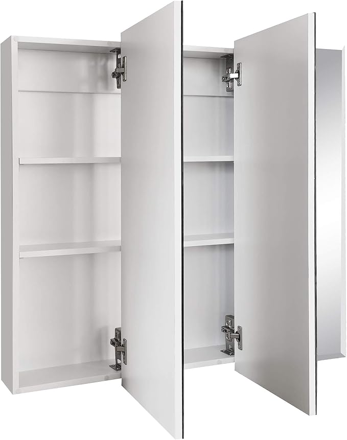 Design House Cyprus Medicine Cabinet, 3 Frameless Mirrored Doors, 2 Adjustable Shelves, Pre-Assembled, Surce or Recess-Mounted, White, 36.3 in. W x 4.4 in. D x 30.1 in. H, 590265