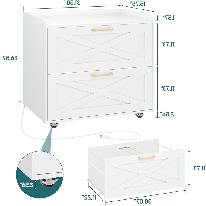 Lateral File Cabinet with Charging Station, Large Mobile Storage Filing Cabinet for Letter/Legal/A4 Size Hanging Files, Rolling Printer Stand with 2 Drawers for Home Office, Simple White