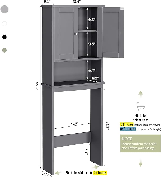 Meilocar Over the Toilet Storage Cabinet, Bathroom Storage Over Toilet with Two Doors and Adjustable Shelf, Space Saver with Open Shelf, Gray